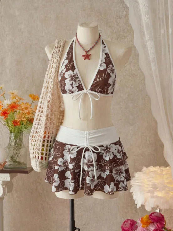 Floral Halter Three-Piece Bikini Set