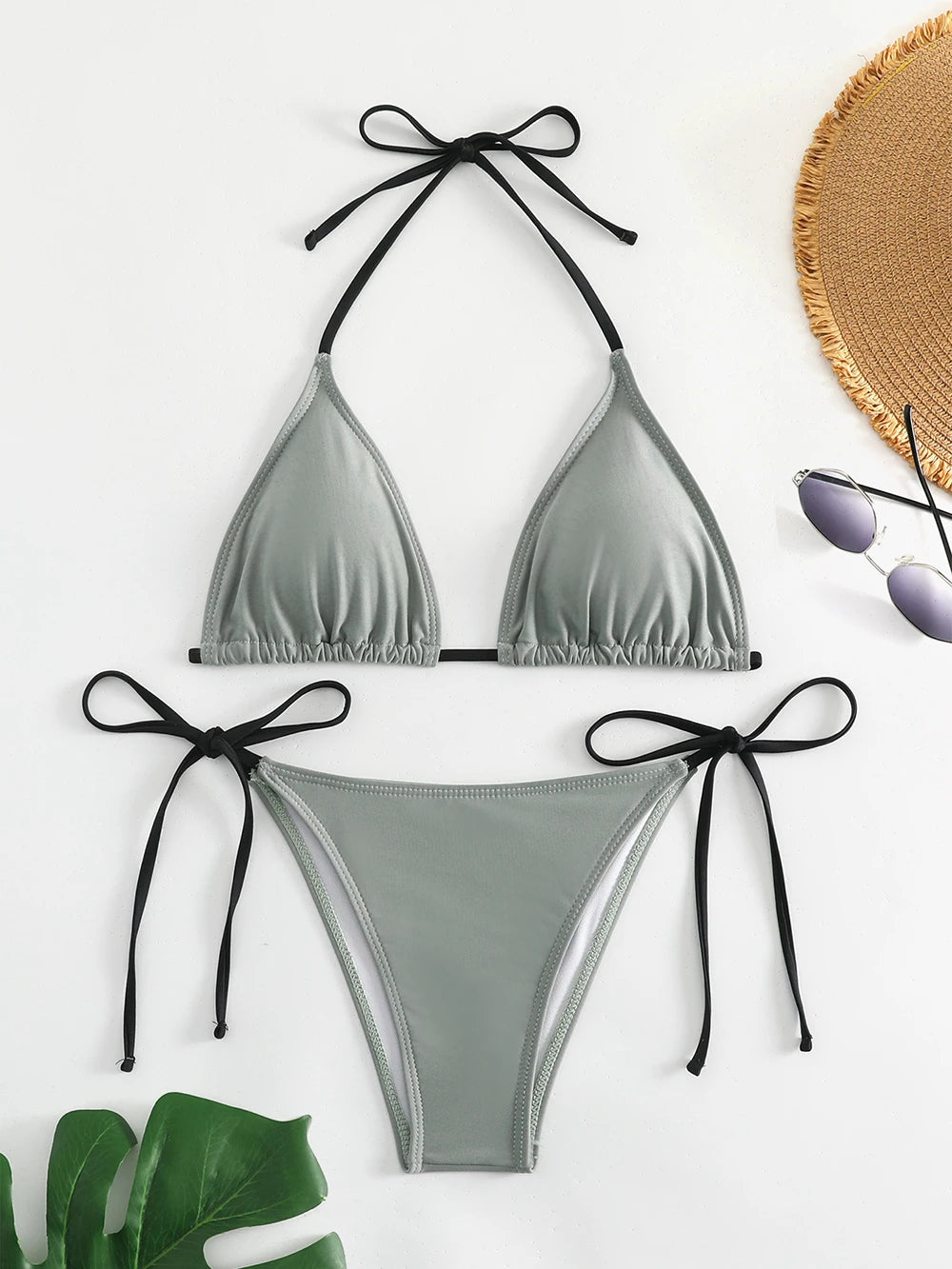 Solid Lace-Up High-Cut Thong Bikini