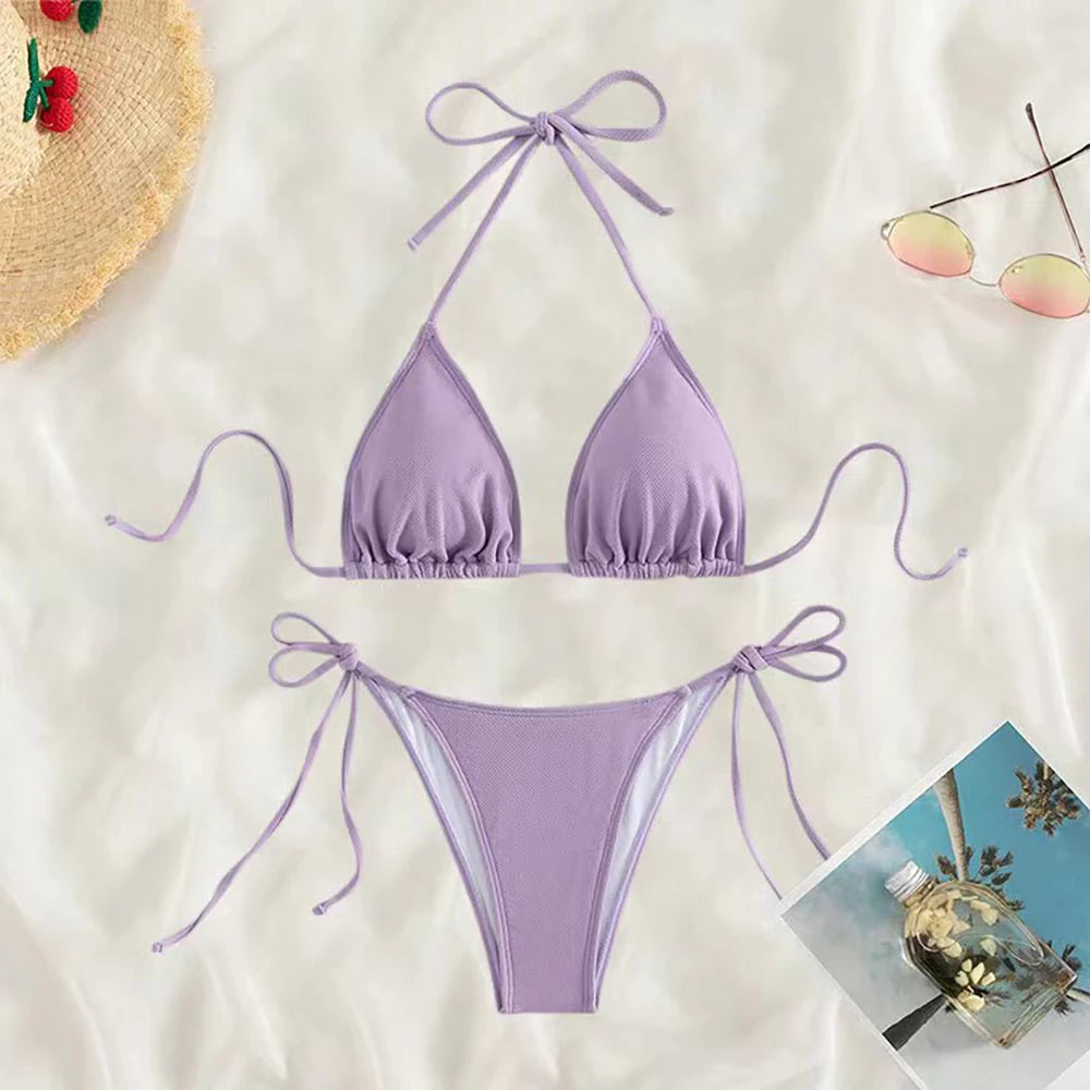 Solid Lace-Up High-Cut Thong Bikini