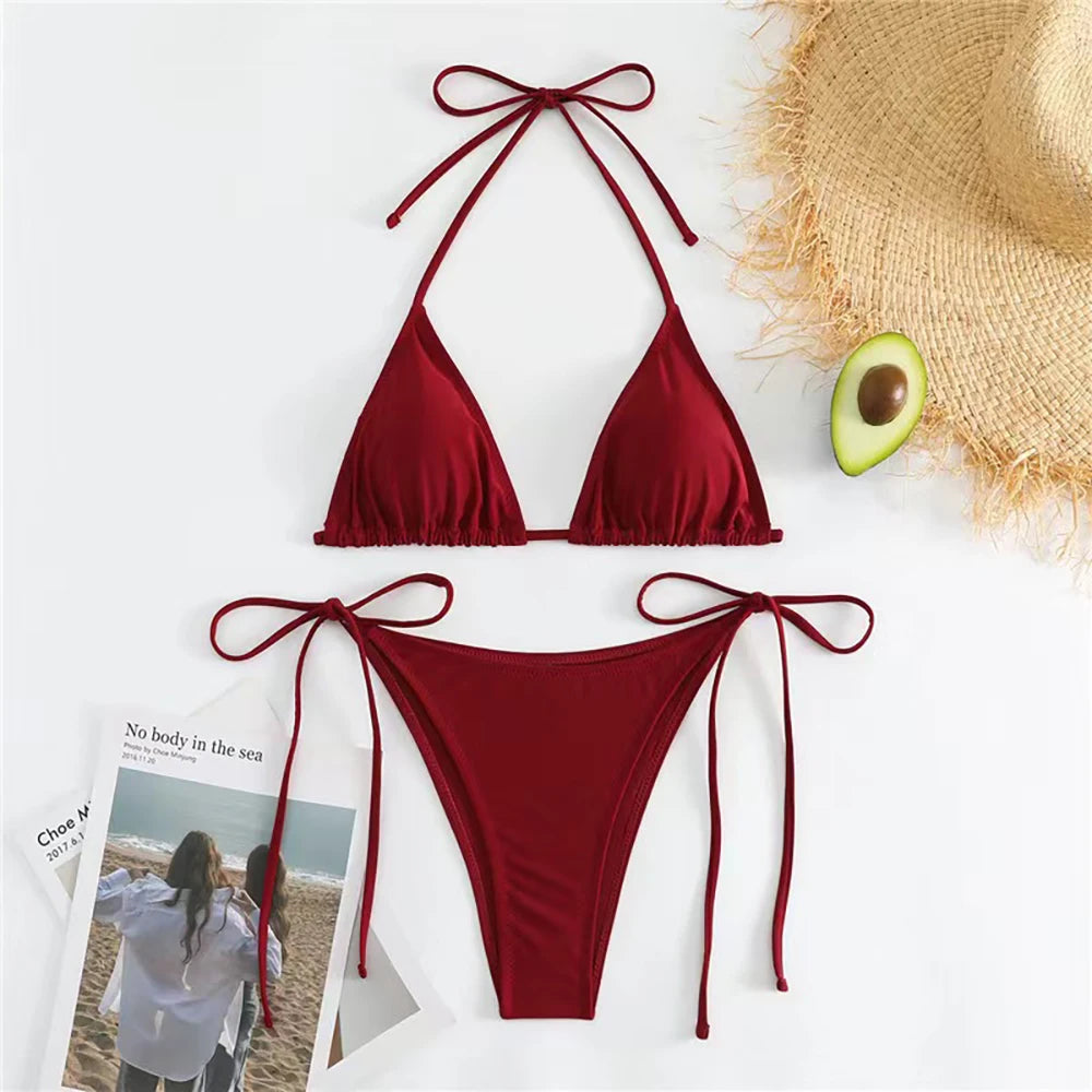 Solid Lace-Up High-Cut Thong Bikini