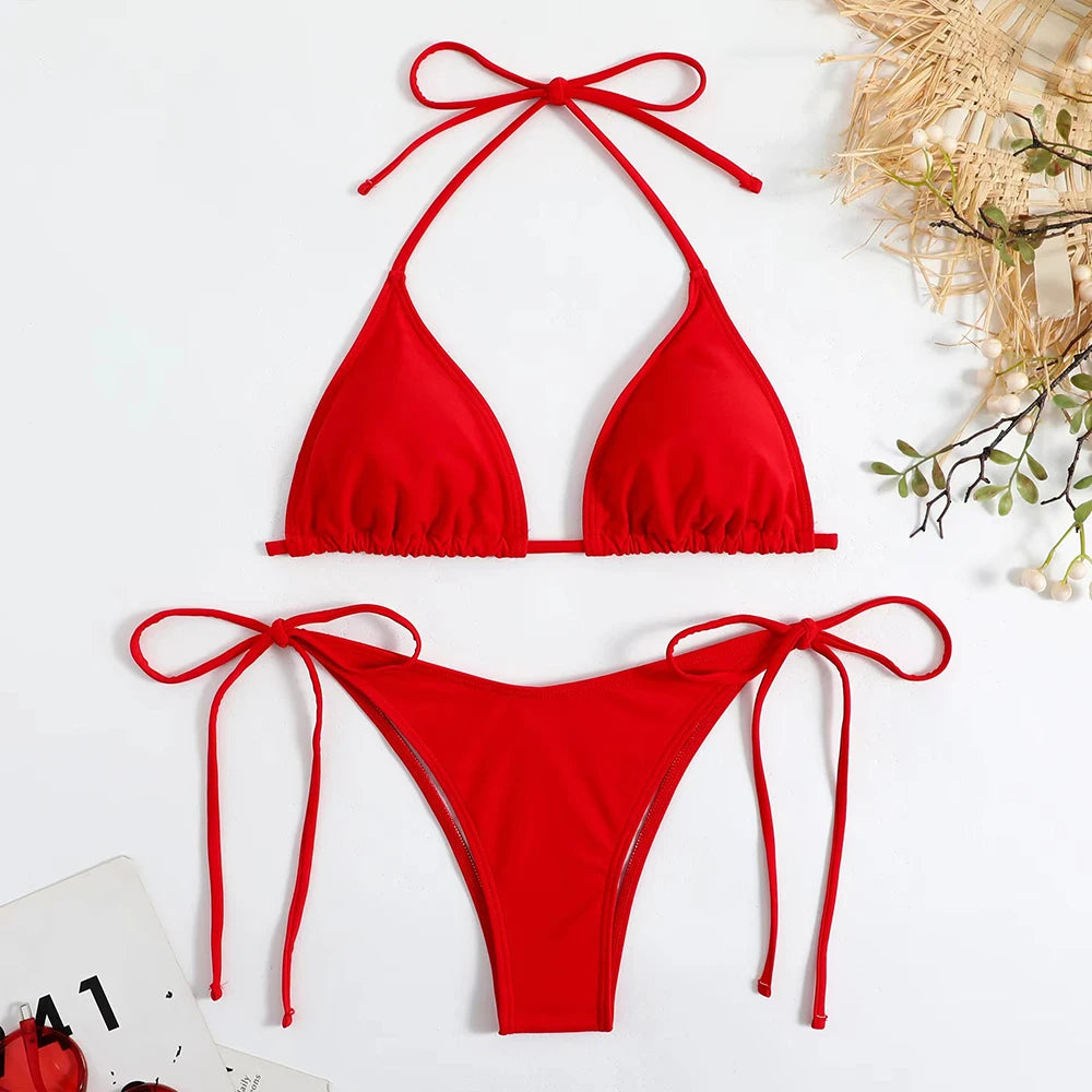 Solid Lace-Up High-Cut Thong Bikini