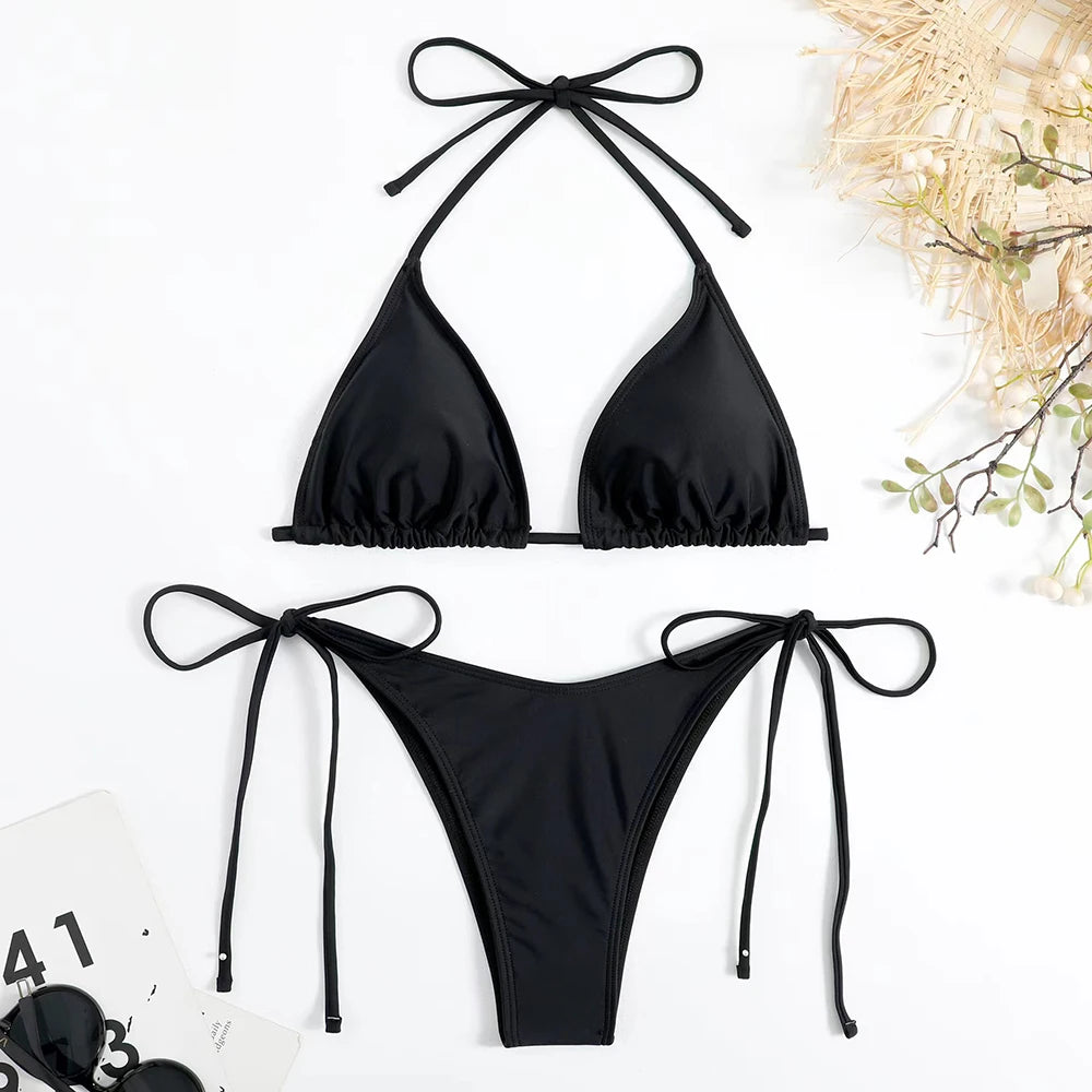 Solid Lace-Up High-Cut Thong Bikini