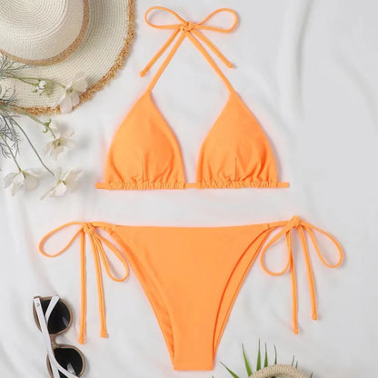 Solid Lace-Up High-Cut Thong Bikini