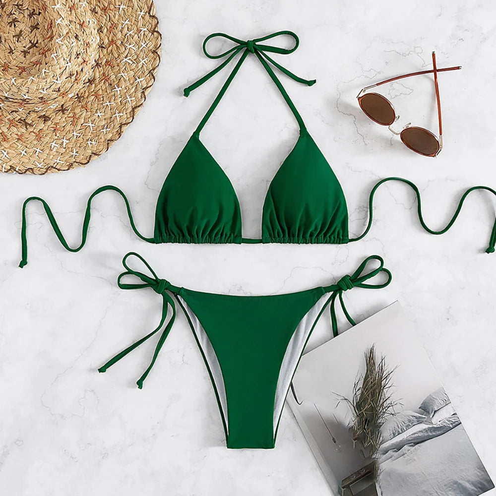 Solid Lace-Up High-Cut Thong Bikini