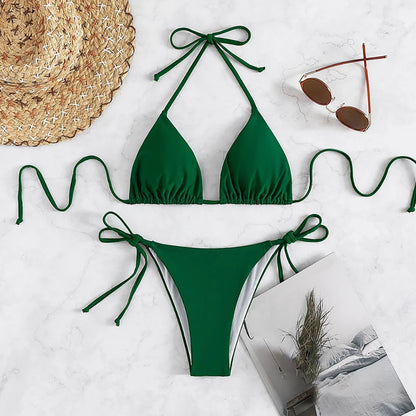 Solid Lace-Up High-Cut Thong Bikini