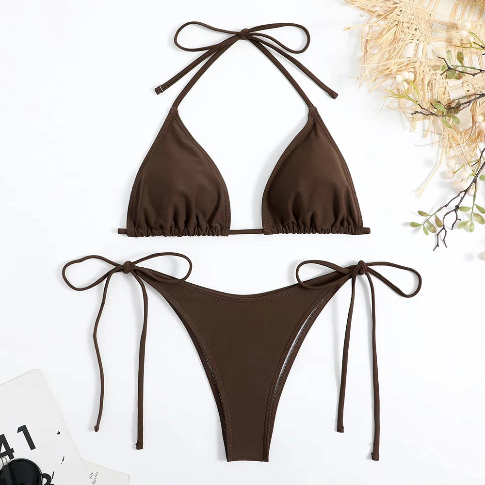 Solid Lace-Up High-Cut Thong Bikini