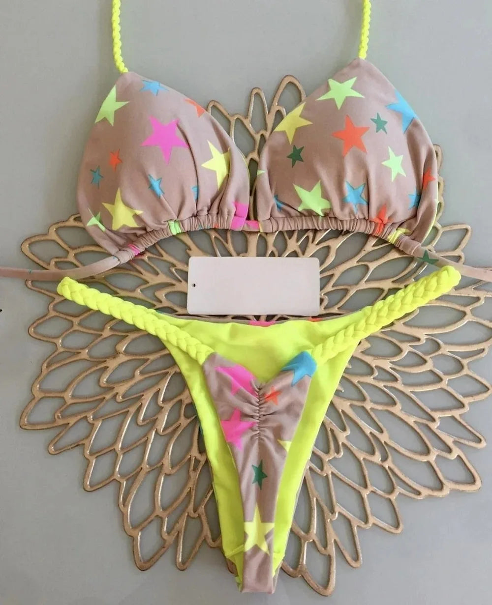 Print Halter Thong Bikini Set