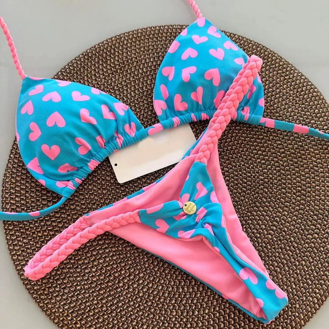 Print Halter Thong Bikini Set