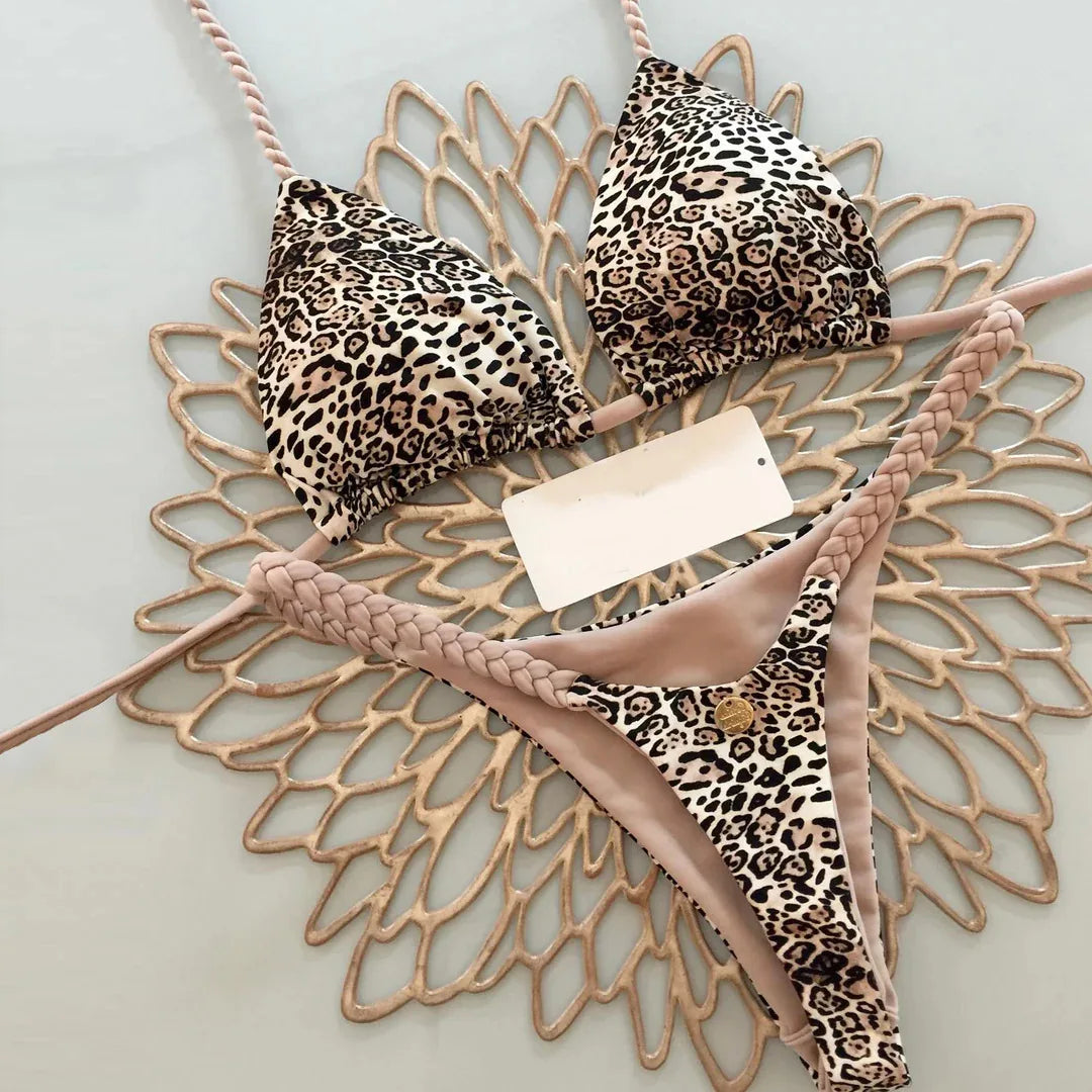 Print Halter Thong Bikini Set