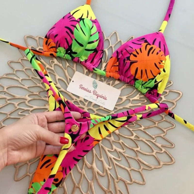 Print Halter Thong Bikini Set
