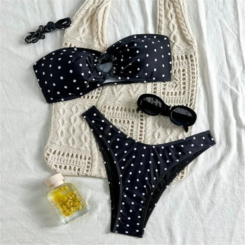Vintage Polka Dot Bandeau Bikini Set