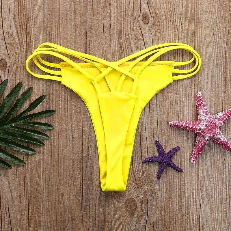 Solid Hollow-Out Thong Bikini Bottoms