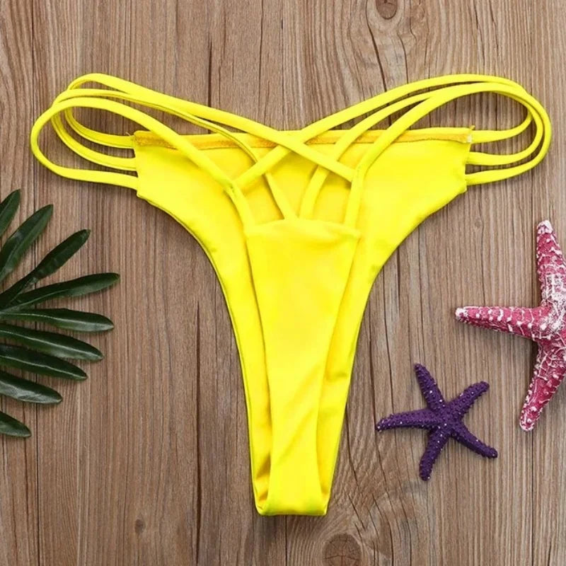 Solid Hollow-Out Thong Bikini Bottoms