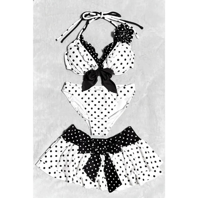 Harajuku Style Polka Dot Bowknot 3 Piece Swimsuit Women's Bikini Set Summer Casual Y2K Fashion Sexy Bathing Suit Skirt Cover Up