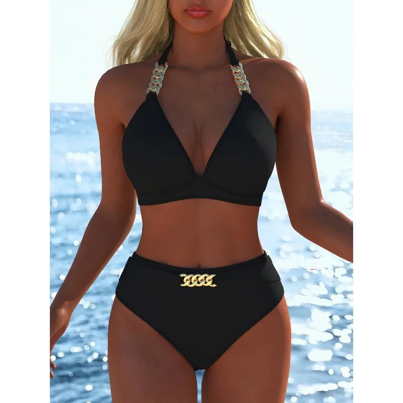 Black Halter High Waist Bikini Set