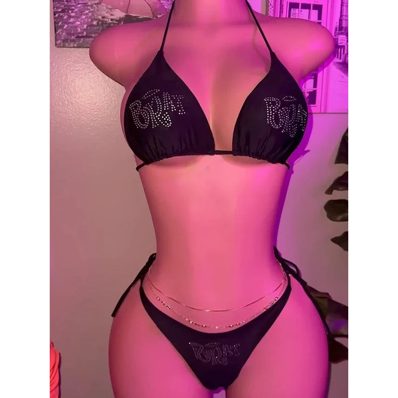 "BRAT" Diamond Lace-Up Triangle Bikini Set