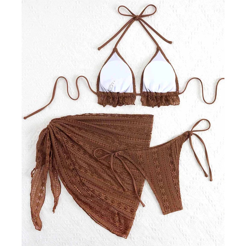 Ruffle Halter 3-Piece Bikini & Cover-Up Set