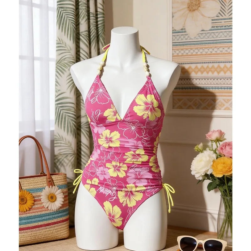 Beaded Halter High-Waist Tankini Set