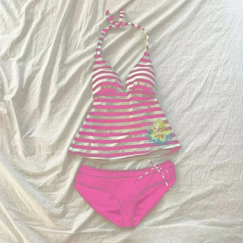 Women Summer Beach Bikini Set Sexy Slim Chic Striped Halter V Neck Swimsuit 2 Piece Vintage Casual Beachwear Split Bathing Suit