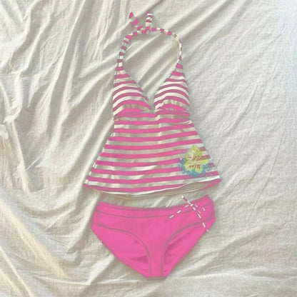 Women Summer Beach Bikini Set Sexy Slim Chic Striped Halter V Neck Swimsuit 2 Piece Vintage Casual Beachwear Split Bathing Suit