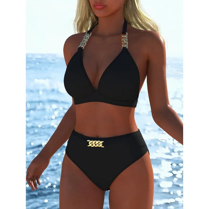 Black Halter High Waist Bikini Set