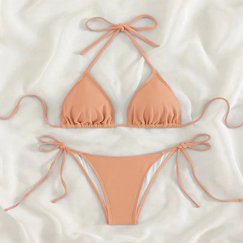 Solid Lace-Up High-Cut Thong Bikini