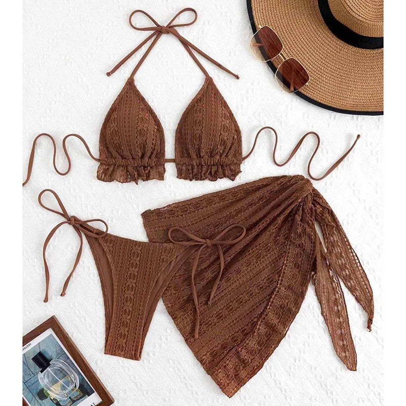 Ruffle Halter 3-Piece Bikini & Cover-Up Set