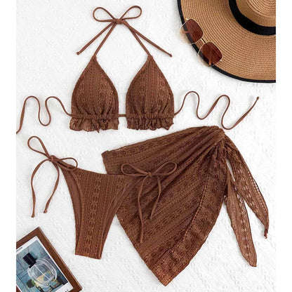 Ruffle Halter 3-Piece Bikini & Cover-Up Set