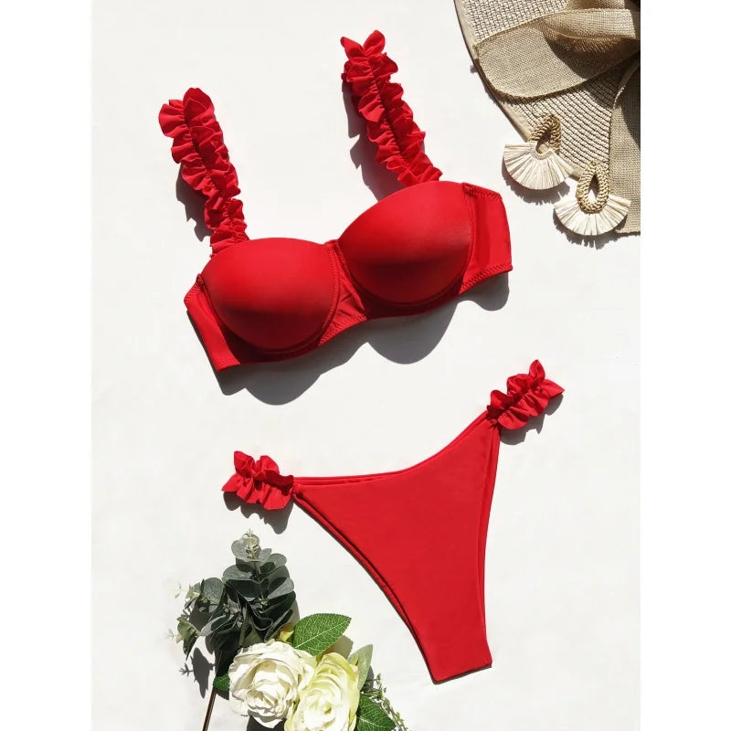 Ruched Strap Push Up Bikini Set