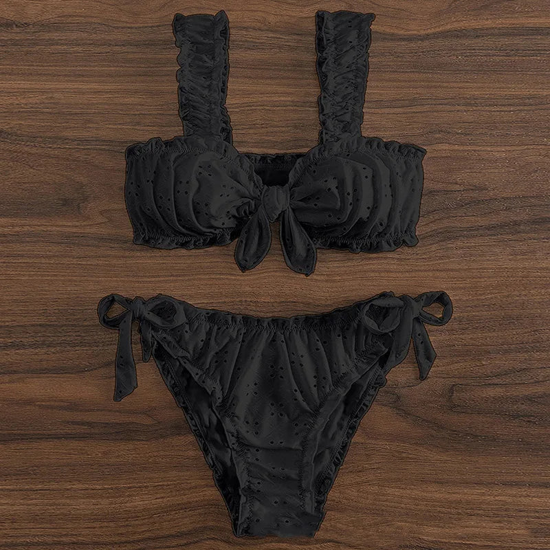 Ruffle Bow Suspender Bikini Set