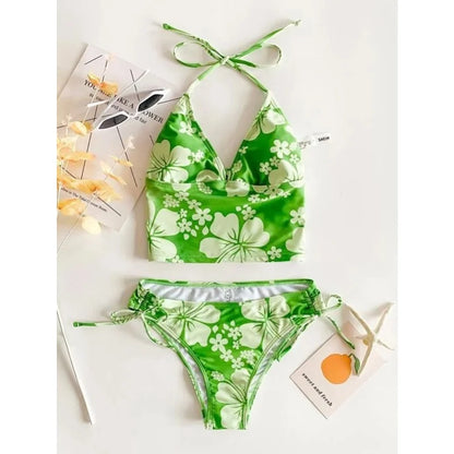 Floral V-Neck Lace-Up Tankini Set