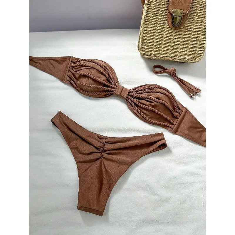 Coffee Braided Bandeau Bikini Set