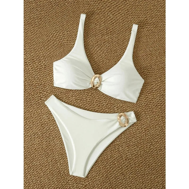 White Gold Buckle Bikini Set