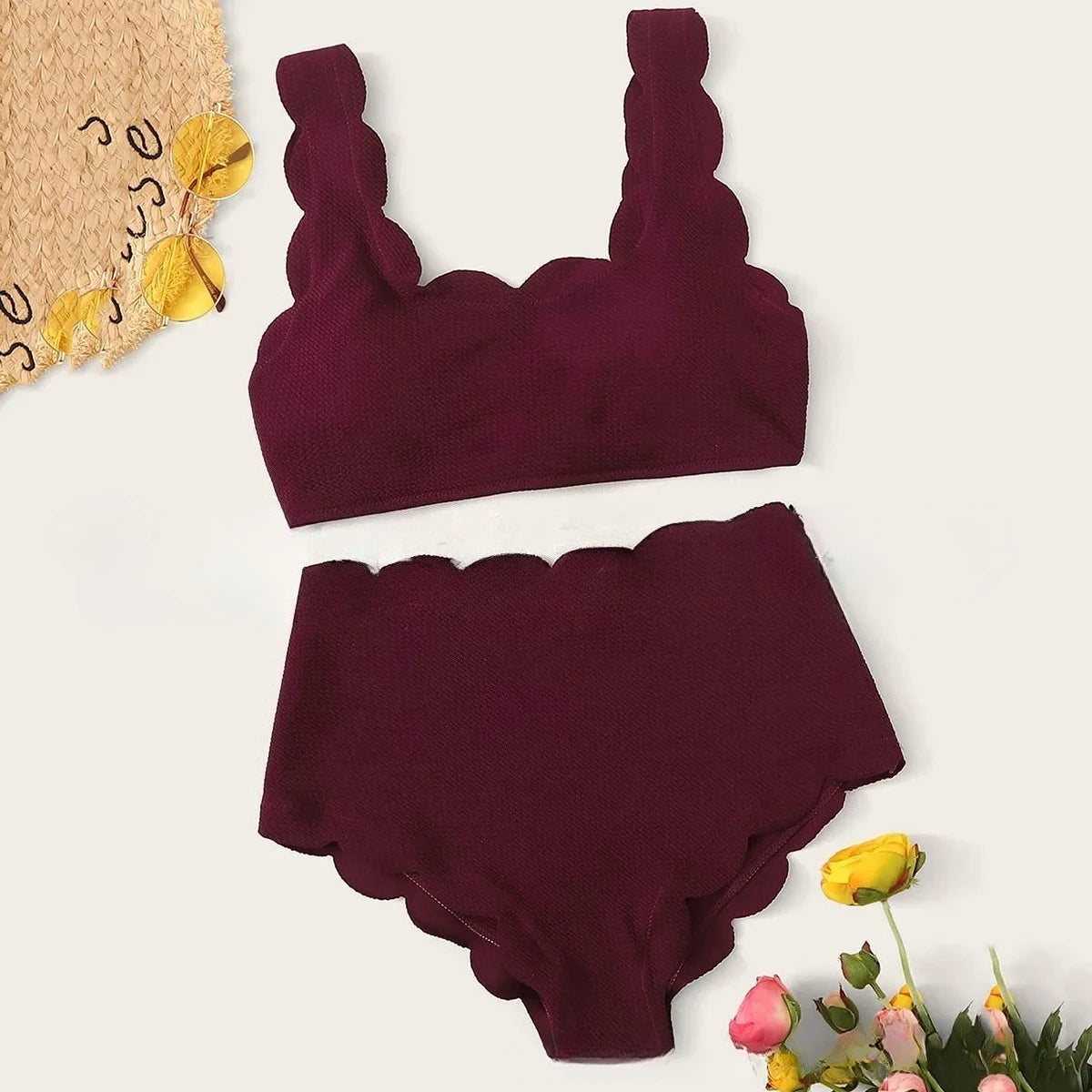 Floral-Edge High-Waist Bikini Set