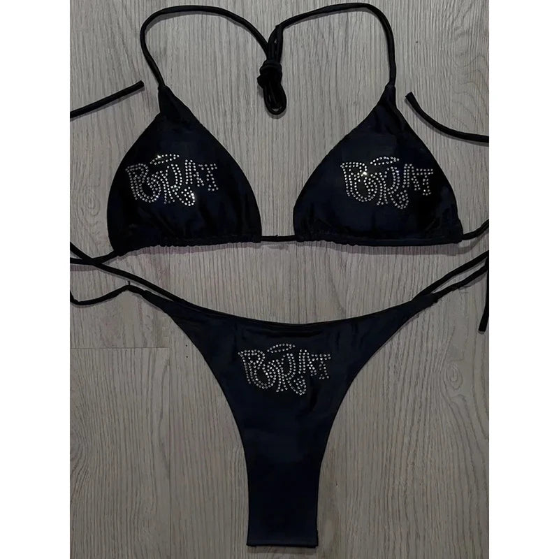 "BRAT" Diamond Lace-Up Triangle Bikini Set