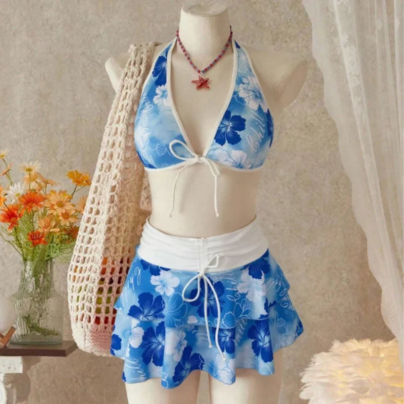 Floral Halter Three-Piece Bikini Set