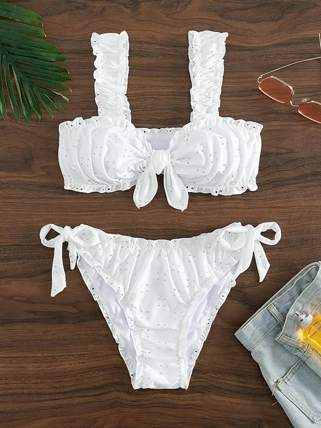 Ruffle Bow Suspender Bikini Set