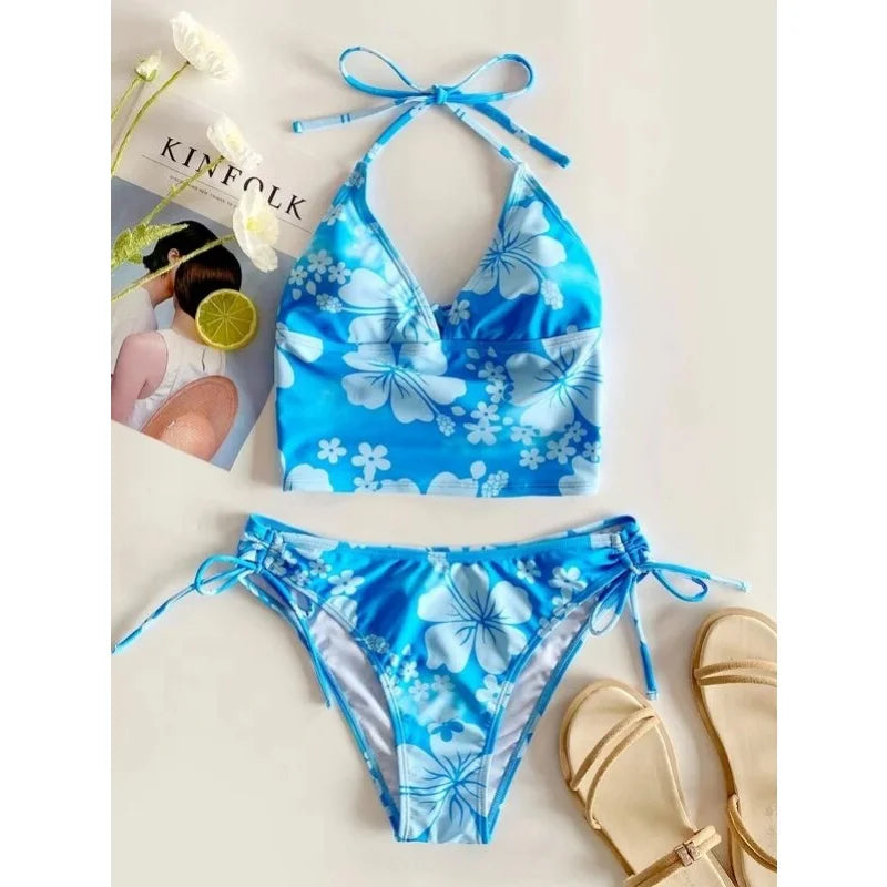 Floral V-Neck Lace-Up Tankini Set