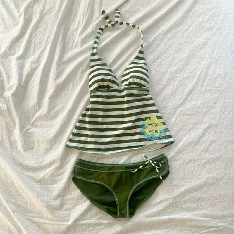 Women Summer Beach Bikini Set Sexy Slim Chic Striped Halter V Neck Swimsuit 2 Piece Vintage Casual Beachwear Split Bathing Suit