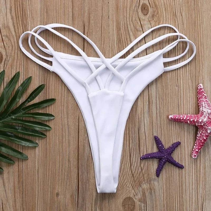 Solid Hollow-Out Thong Bikini Bottoms