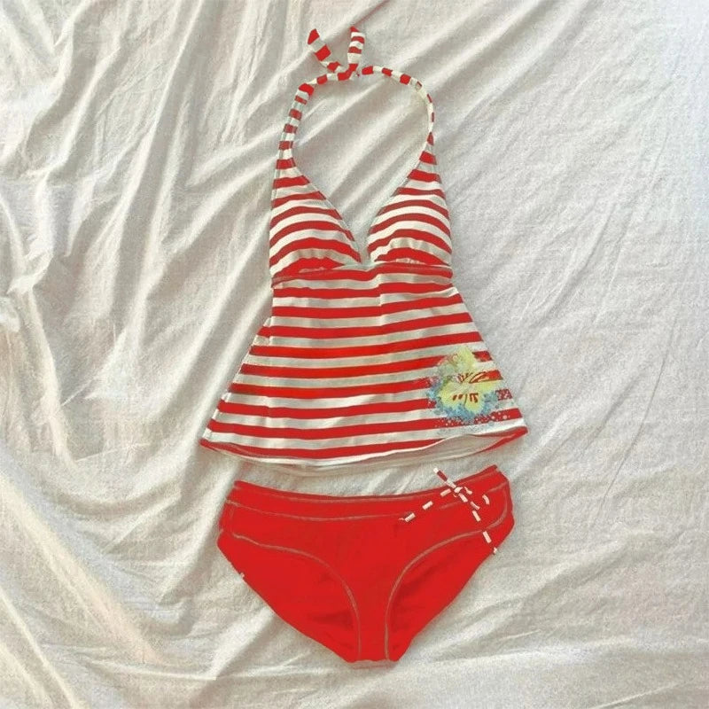 Women Summer Beach Bikini Set Sexy Slim Chic Striped Halter V Neck Swimsuit 2 Piece Vintage Casual Beachwear Split Bathing Suit