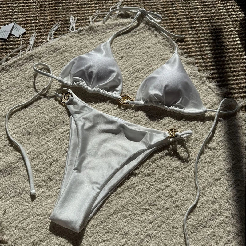 Gold Buckle Tie-up Bikini Set