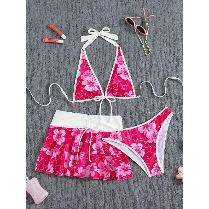 Floral Halter Three-Piece Bikini Set