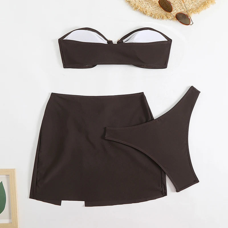 Strapless Buckle 3-Piece Bikini & Skirt Set