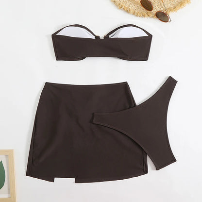 Strapless Buckle 3-Piece Bikini & Skirt Set