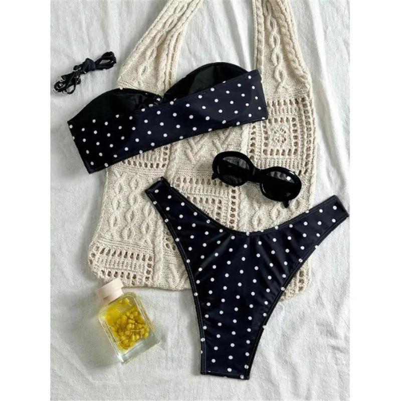 Vintage Polka Dot Bandeau Bikini Set