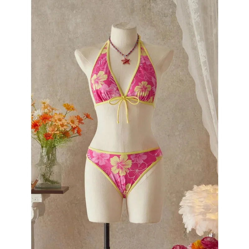 Floral Halter Three-Piece Bikini Set