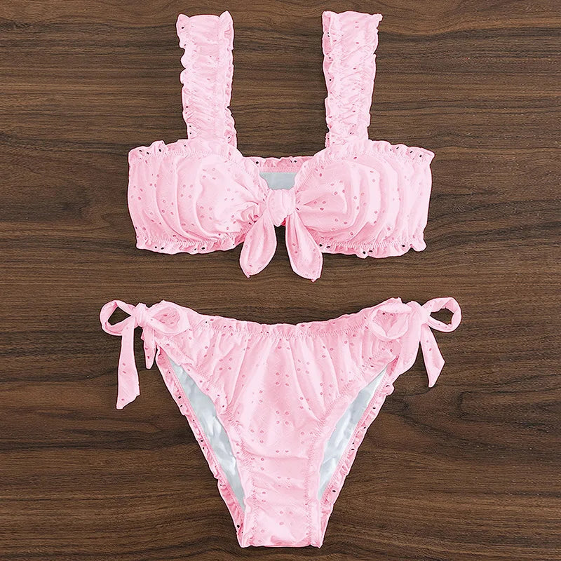 Ruffle Bow Suspender Bikini Set