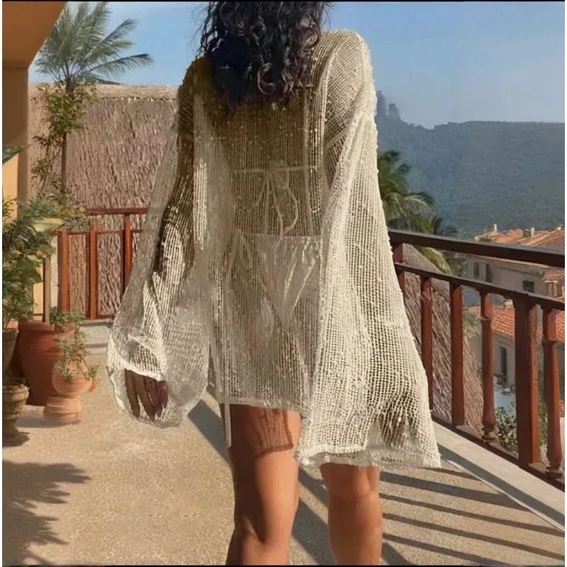 See Through Hollow Out Beach Dress Women Casual Lace Long Sleeve Side Slit Cover Ups 2026 Summer Sexy Beachwear Bikini Cover Up