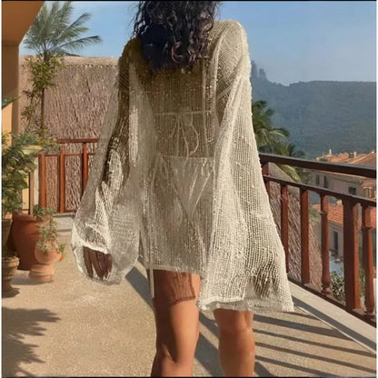 See Through Hollow Out Beach Dress Women Casual Lace Long Sleeve Side Slit Cover Ups 2026 Summer Sexy Beachwear Bikini Cover Up